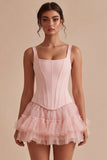 Pink A Line Short Corset Thick Straps Graduation Dress with Ruffles