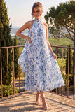 Blue Halter Pleated A Line Midi Floral Dress