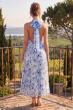 Blue Halter Pleated A Line Midi Floral Dress