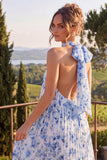 Blue Halter Pleated A Line Midi Floral Dress