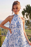 Blue Halter Pleated A Line Midi Floral Dress