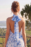 Blue Halter Pleated A Line Midi Floral Dress