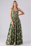 Green Halter Neck Chiffon Ruched A-Line Floral Long Bridesmaid Dress