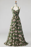 Green Halter Neck Chiffon Ruched A-Line Floral Long Bridesmaid Dress