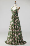 Green Halter Neck Chiffon Ruched A-Line Floral Long Bridesmaid Dress