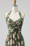 Green Halter Neck Chiffon Ruched A-Line Floral Long Bridesmaid Dress