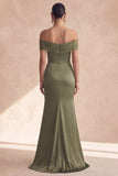 Olive Off The Shoulder Mermaid Ruched Long Bridesmaid Dress