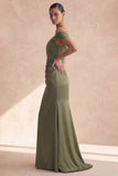 Olive Off The Shoulder Mermaid Ruched Long Bridesmaid Dress