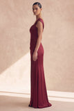 Burgundy Off the Shoulder Long Mermaid Evening Dress with Slit
