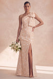 One Shoulder Sage Floral Mermaid Long Bridesmaid Dress with Slit