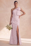 One Shoulder Sage Floral Mermaid Long Bridesmaid Dress with Slit