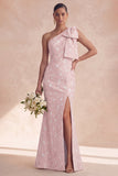 One Shoulder Sage Floral Mermaid Long Bridesmaid Dress with Slit