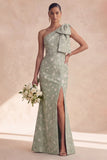 One Shoulder Sage Floral Mermaid Long Bridesmaid Dress with Slit