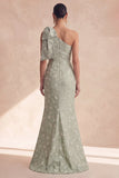 One Shoulder Sage Floral Mermaid Long Bridesmaid Dress with Slit