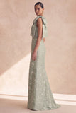 One Shoulder Sage Floral Mermaid Long Bridesmaid Dress with Slit