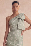 One Shoulder Sage Floral Mermaid Long Bridesmaid Dress with Slit