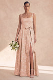 Sage A Line Floral Bowed Long Bridesmaid Dress with Slit