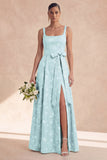Sage A Line Floral Bowed Long Bridesmaid Dress with Slit