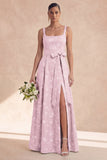 Sage A Line Floral Bowed Long Bridesmaid Dress with Slit