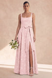 Sage A Line Floral Bowed Long Bridesmaid Dress with Slit