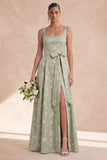 Sage A Line Floral Bowed Long Bridesmaid Dress with Slit