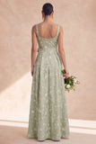 Sage A Line Floral Bowed Long Bridesmaid Dress with Slit