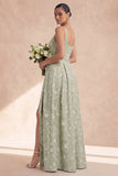 Sage A Line Floral Bowed Long Bridesmaid Dress with Slit