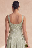 Sage A Line Floral Bowed Long Bridesmaid Dress with Slit