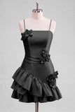 A-Line Satin Light Blue Spaghetti Straps Ruffled Homecoming Dress with 3D Flowers