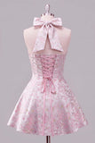 A-Line Pink Halter Neck Jacquard Floral Homecoming Dress with Bow