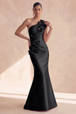 One Shoulder Black Mermaid Long Satin Evening Dress with 3D Flowers