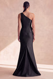One Shoulder Black Mermaid Long Satin Evening Dress with 3D Flowers