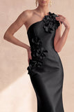 One Shoulder Black Mermaid Long Satin Evening Dress with 3D Flowers