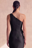 One Shoulder Black Mermaid Long Satin Evening Dress with 3D Flowers