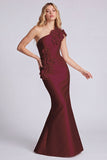 One Shoulder Black Mermaid Long Satin Evening Dress with 3D Flowers