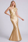 One Shoulder Black Mermaid Long Satin Evening Dress with 3D Flowers