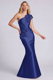 One Shoulder Black Mermaid Long Satin Evening Dress with 3D Flowers