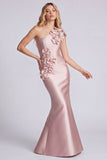 One Shoulder Black Mermaid Long Satin Evening Dress with 3D Flowers