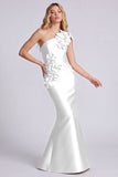 One Shoulder Black Mermaid Long Satin Evening Dress with 3D Flowers