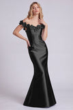 Dark Navy Off the Shoulder Mermaid Long Evening Dress with 3D Flowers