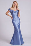 Dark Navy Off the Shoulder Mermaid Long Evening Dress with 3D Flowers