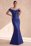 Dark Navy Off the Shoulder Mermaid Long Evening Dress with 3D Flowers