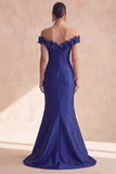 Dark Navy Off the Shoulder Mermaid Long Evening Dress with 3D Flowers