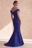 Dark Navy Off the Shoulder Mermaid Long Evening Dress with 3D Flowers