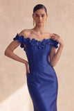 Dark Navy Off the Shoulder Mermaid Long Evening Dress with 3D Flowers