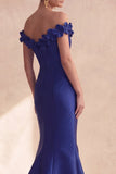 Dark Navy Off the Shoulder Mermaid Long Evening Dress with 3D Flowers