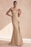 Champagne Mermaid Square Neck 3D Flowers Long Evening Dress with Slit
