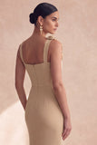 Champagne Mermaid Square Neck 3D Flowers Long Evening Dress with Slit