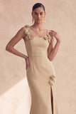 Champagne Mermaid Square Neck 3D Flowers Long Evening Dress with Slit