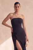 Black Strapless Mermaid 3D Flowers Long Evening Dress with Slit
